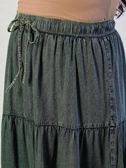 Women Olive Wash Tencel Front Drawstring Tiered Skirt-SFSKRT30564