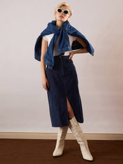 Women Navy Blue Corduroy Front Patch Pocket Midi Skirt-SFSKRT30565