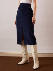 Women Navy Blue Corduroy Front Patch Pocket Midi Skirt-SFSKRT30565