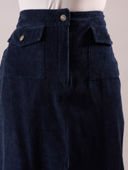 Women Navy Blue Corduroy Front Patch Pocket Midi Skirt-SFSKRT30565