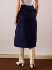 Women Navy Blue Corduroy Front Patch Pocket Midi Skirt-SFSKRT30565