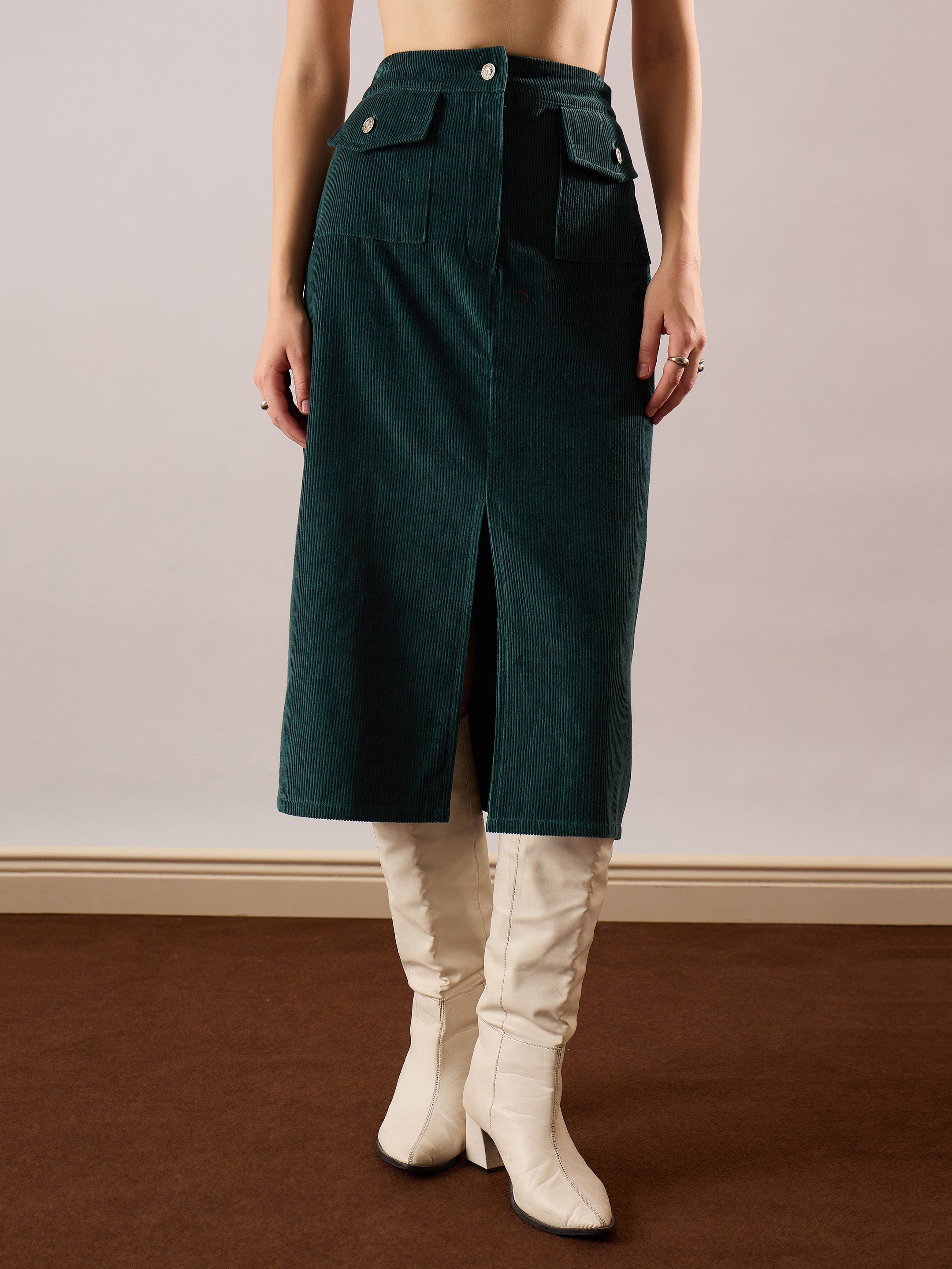 Women Emerald Green Corduroy Front Patch Pocket Midi Skirt-SFSKRT30566
