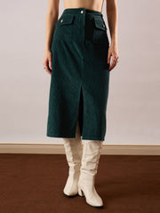 Women Emerald Green Corduroy Front Patch Pocket Midi Skirt-SFSKRT30566