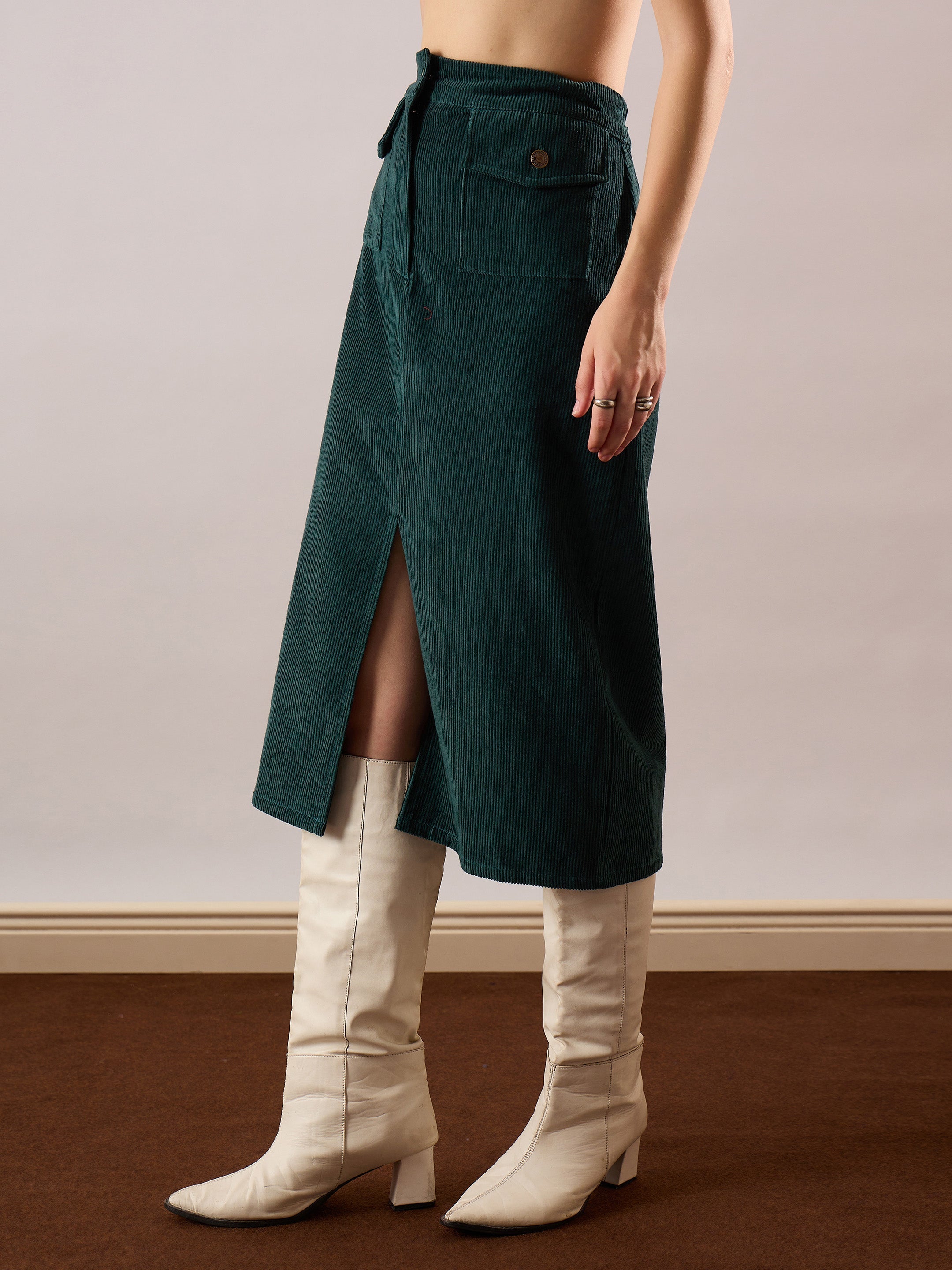 Women Emerald Green Corduroy Front Patch Pocket Midi Skirt-SFSKRT30566