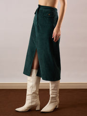 Women Emerald Green Corduroy Front Patch Pocket Midi Skirt-SFSKRT30566