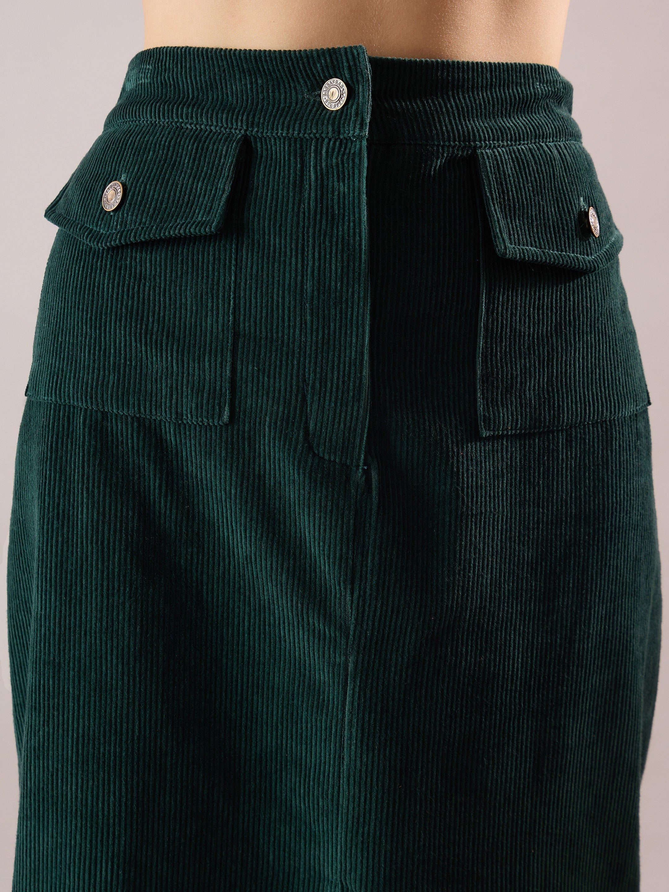 Women Emerald Green Corduroy Front Patch Pocket Midi Skirt-SFSKRT30566