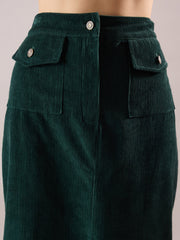 Women Emerald Green Corduroy Front Patch Pocket Midi Skirt-SFSKRT30566