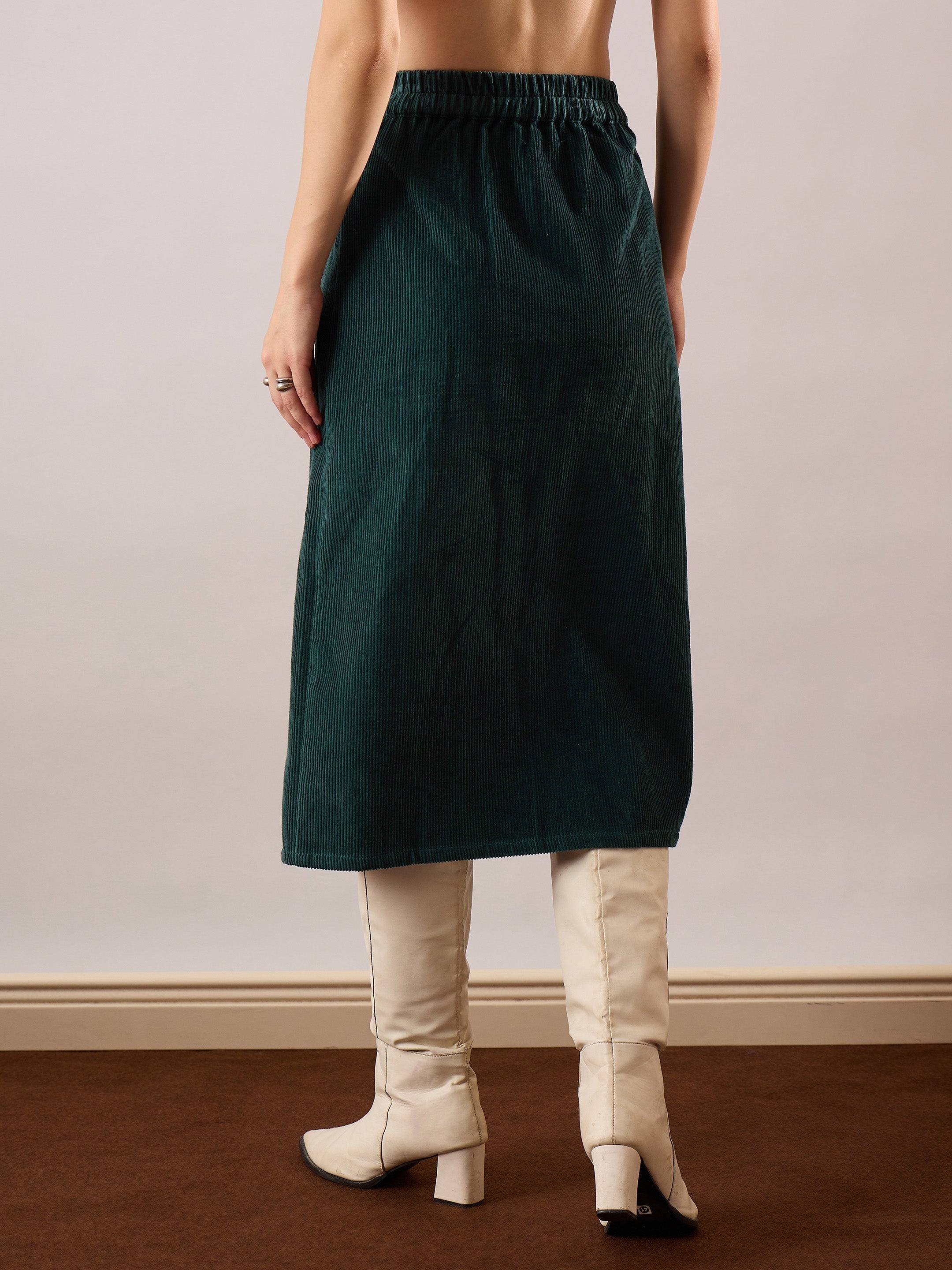 Women Emerald Green Corduroy Front Patch Pocket Midi Skirt-SFSKRT30566
