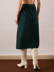 Women Emerald Green Corduroy Front Patch Pocket Midi Skirt-SFSKRT30566