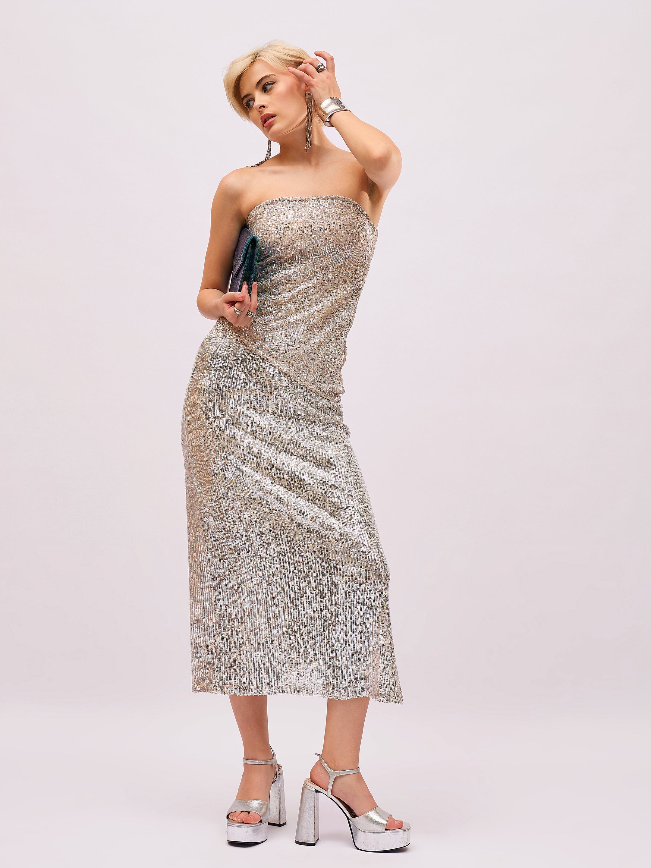 Women Silver Sequin Side Slit Pencil Skirt-SFSKRT30568