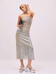 Women Silver Sequin Side Slit Pencil Skirt-SFSKRT30568