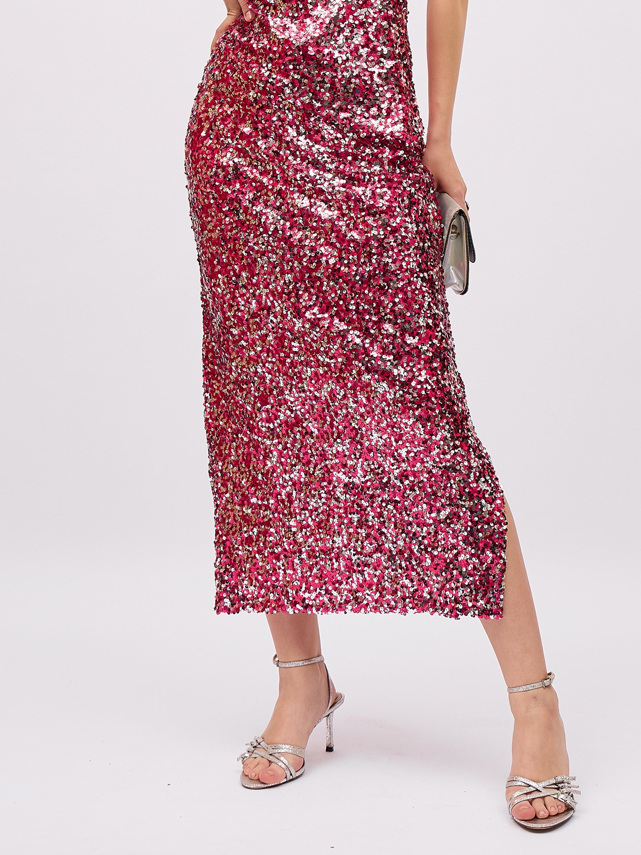 Women Pink Sequin Pencil Skirt-SFSKRT30569