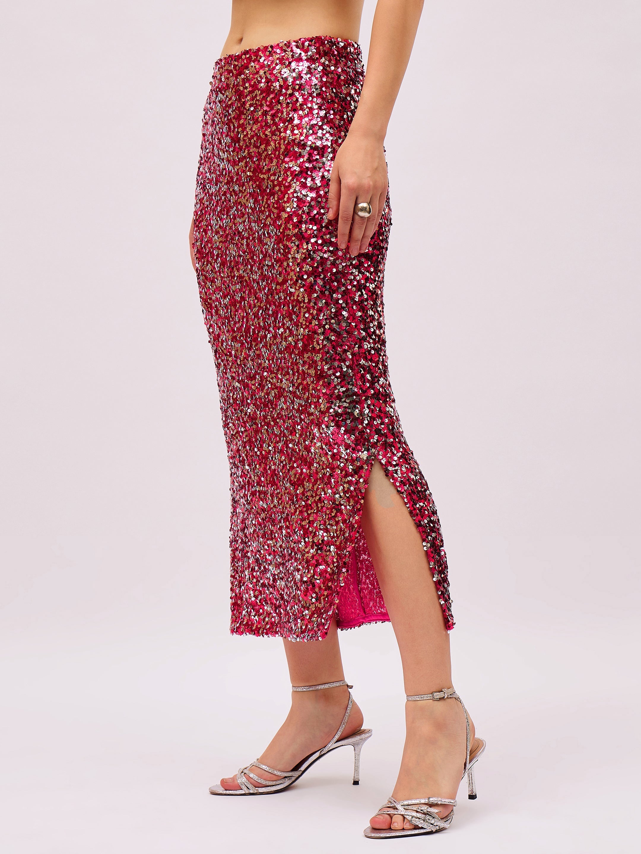 Women Pink Sequin Pencil Skirt-SFSKRT30569