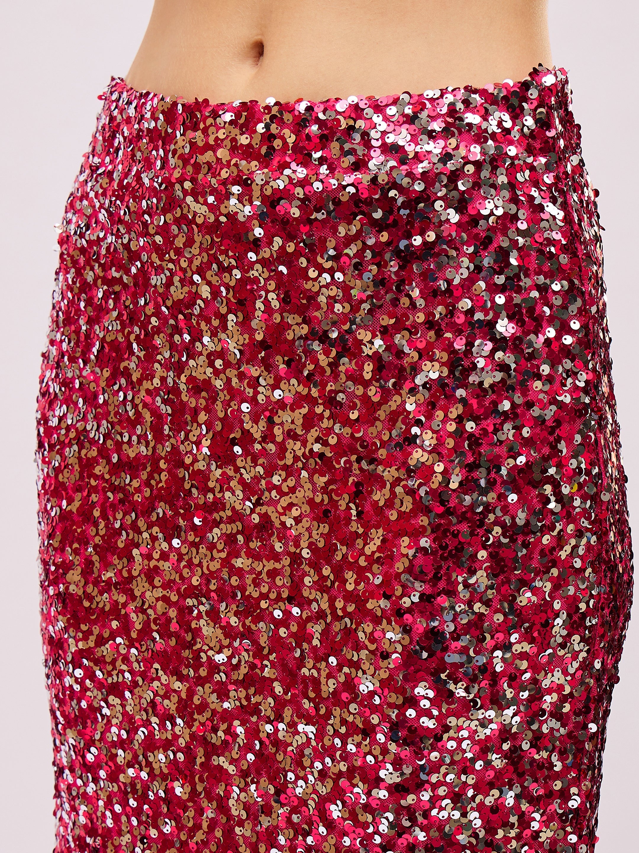 Women Pink Sequin Pencil Skirt-SFSKRT30569