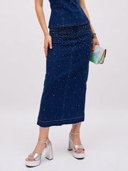 Women Blue Washed Denim Front Stud Midi Skirt-SFSKRT30570