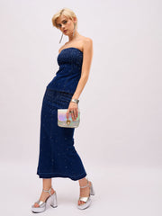 Women Blue Washed Denim Front Stud Midi Skirt-SFSKRT30570