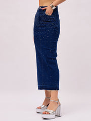 Women Blue Washed Denim Front Stud Midi Skirt-SFSKRT30570