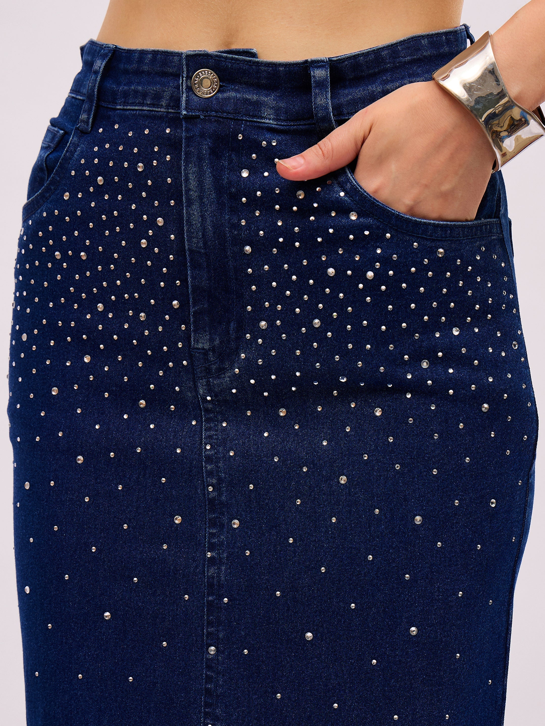 Women Blue Washed Denim Front Stud Midi Skirt-SFSKRT30570