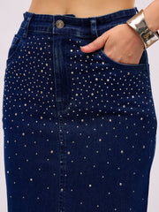 Women Blue Washed Denim Front Stud Midi Skirt-SFSKRT30570