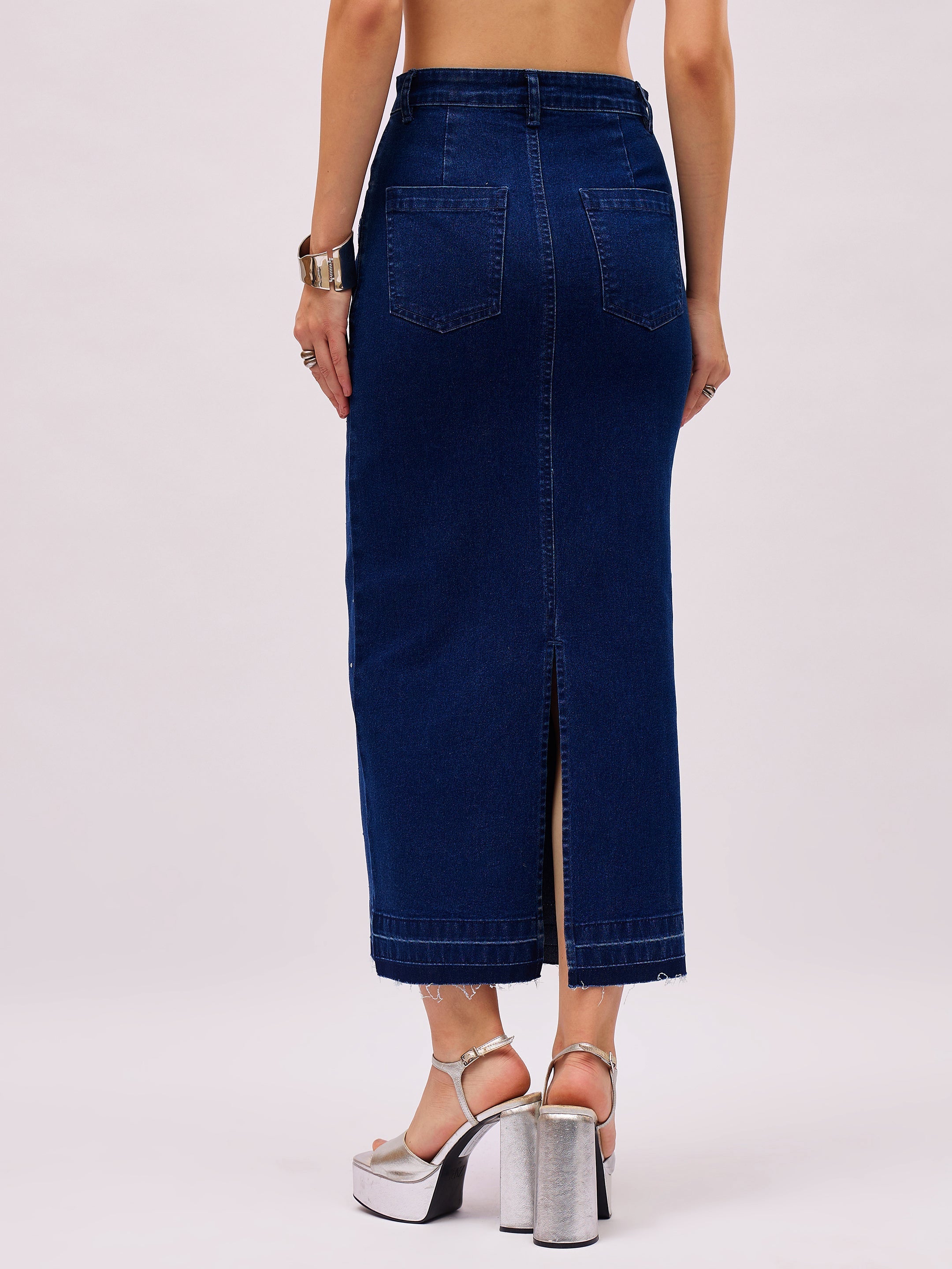 Women Blue Washed Denim Front Stud Midi Skirt-SFSKRT30570