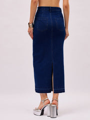 Women Blue Washed Denim Front Stud Midi Skirt-SFSKRT30570