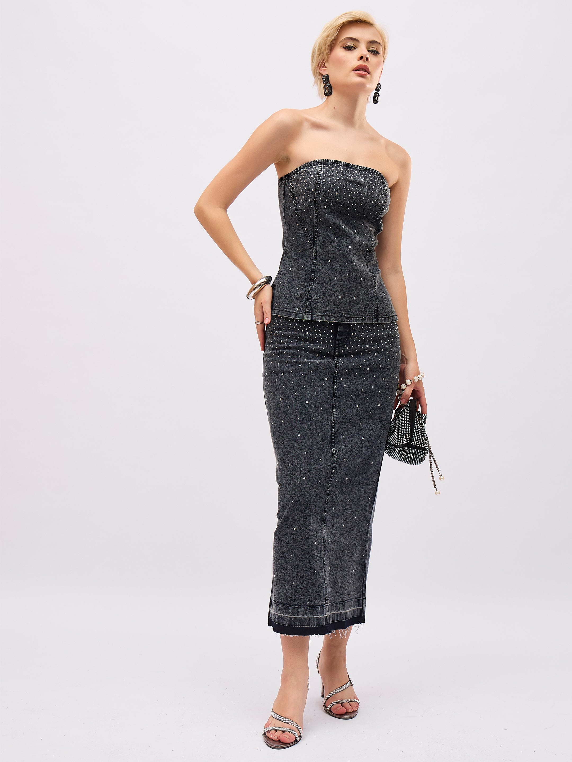 Women Black Washed Denim Front Stud Midi Skirt-SFSKRT30571