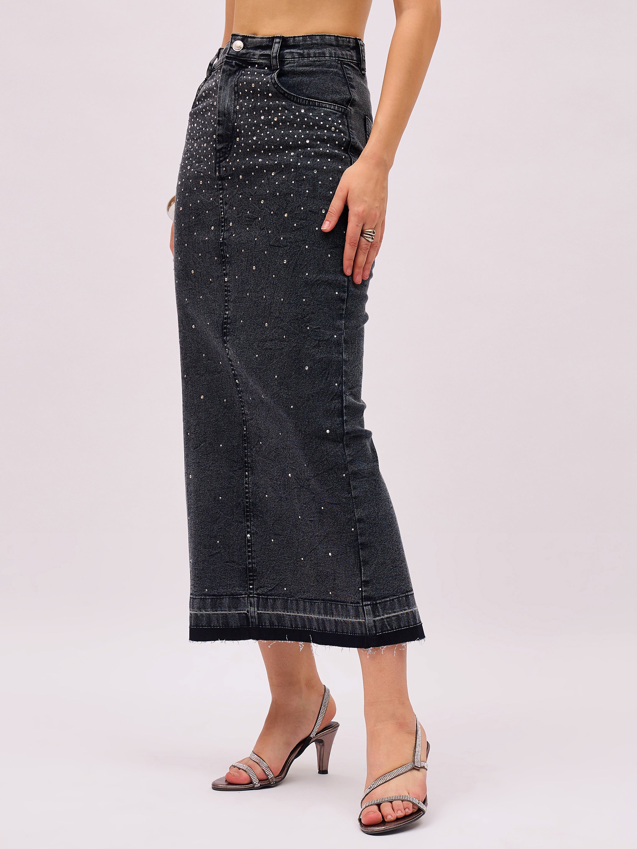 Women Black Washed Denim Front Stud Midi Skirt-SFSKRT30571