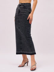 Women Black Washed Denim Front Stud Midi Skirt-SFSKRT30571