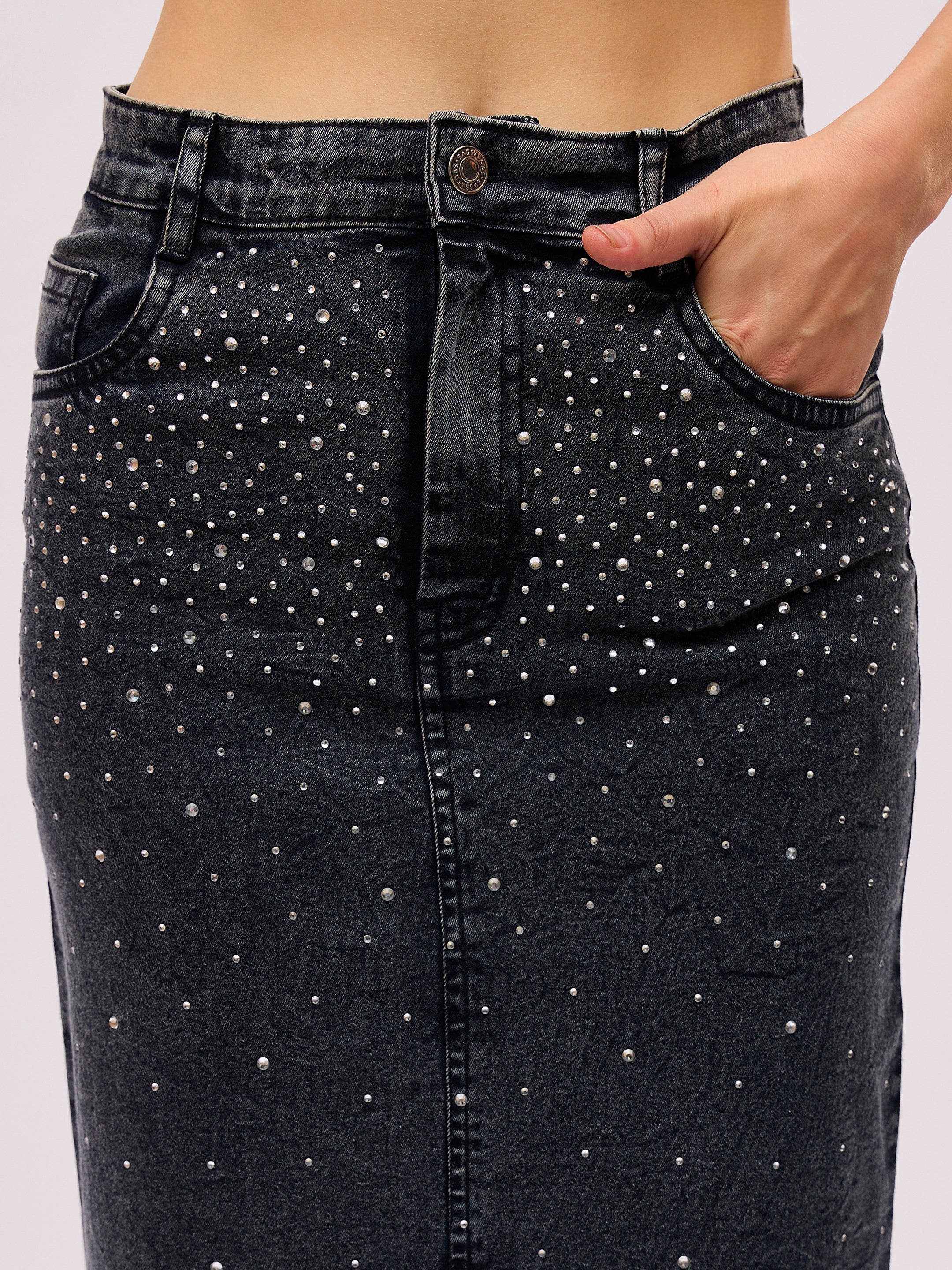 Women Black Washed Denim Front Stud Midi Skirt-SFSKRT30571