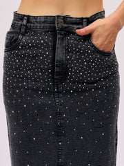 Women Black Washed Denim Front Stud Midi Skirt-SFSKRT30571