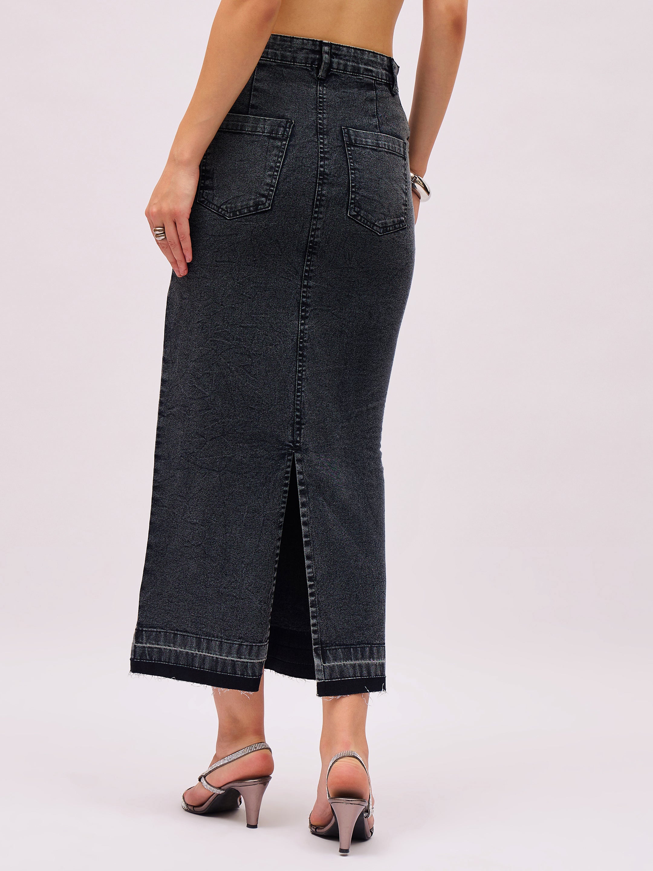 Women Black Washed Denim Front Stud Midi Skirt-SFSKRT30571