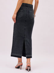 Women Black Washed Denim Front Stud Midi Skirt-SFSKRT30571