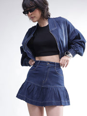 Women Navy Wash Denim Pleated Mini Skirt