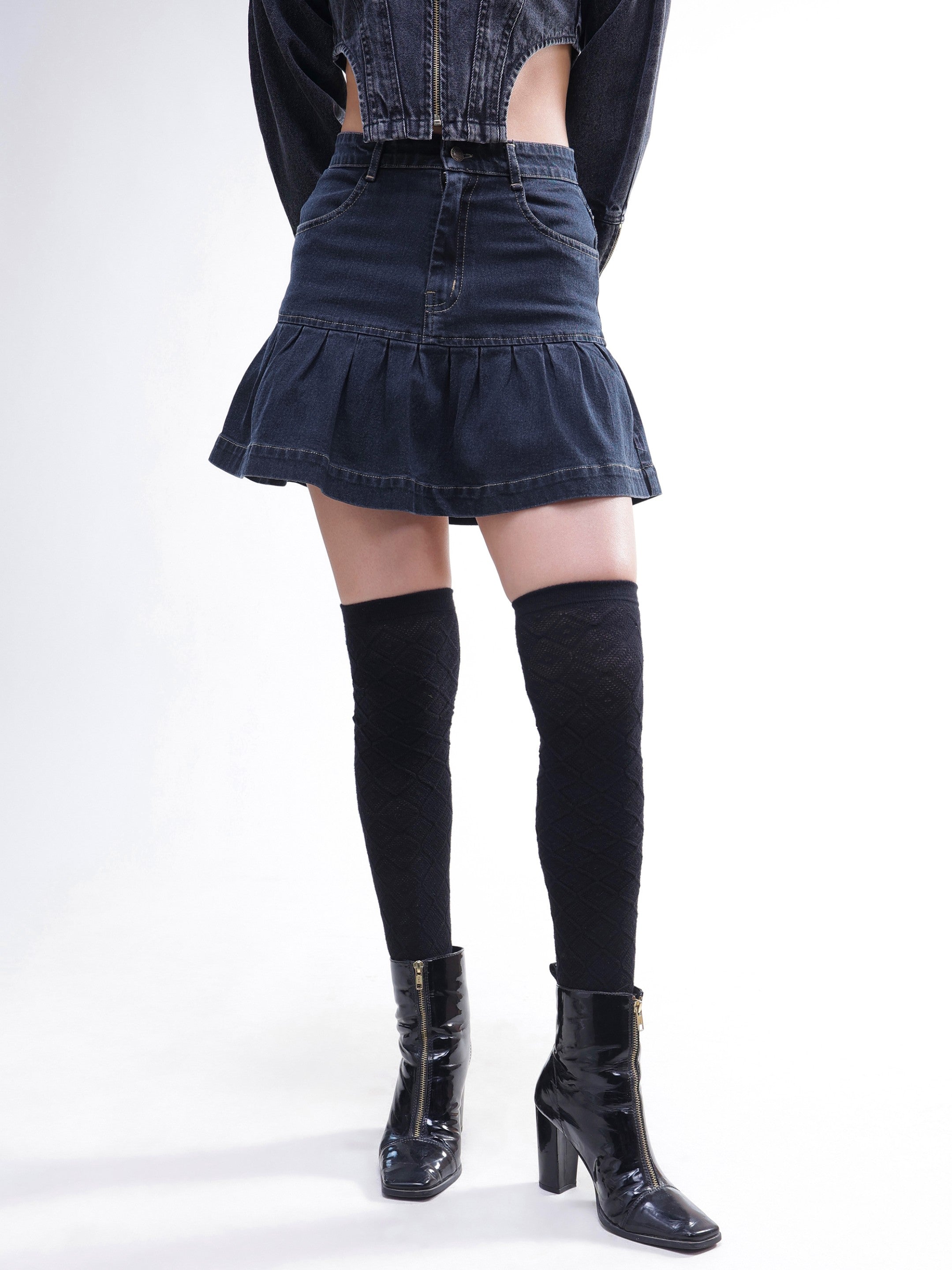 DesiQlo Black Wash Denim Pleated Mini Skirt - Black
