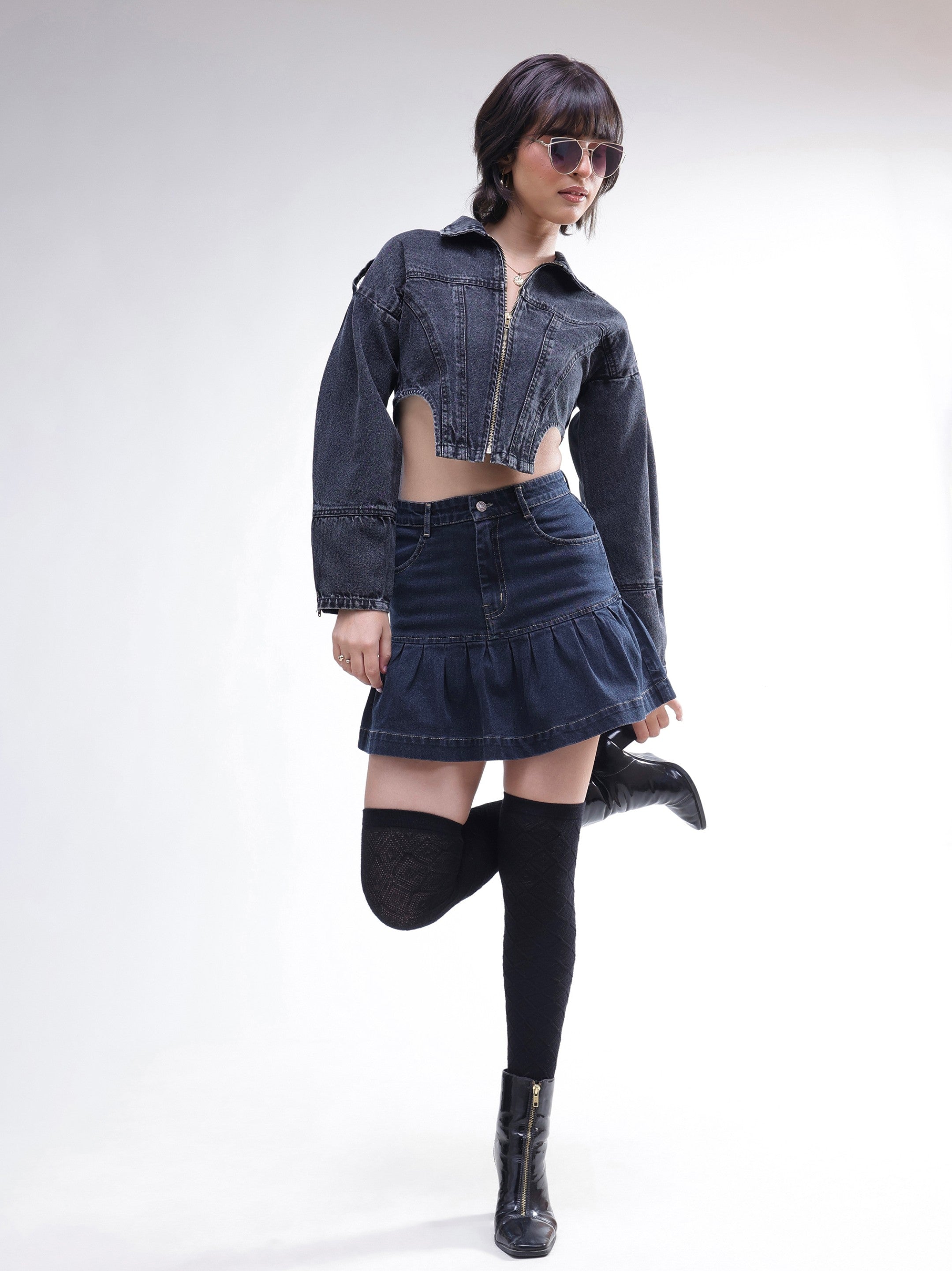 DesiQlo Black Wash Denim Pleated Mini Skirt - Black