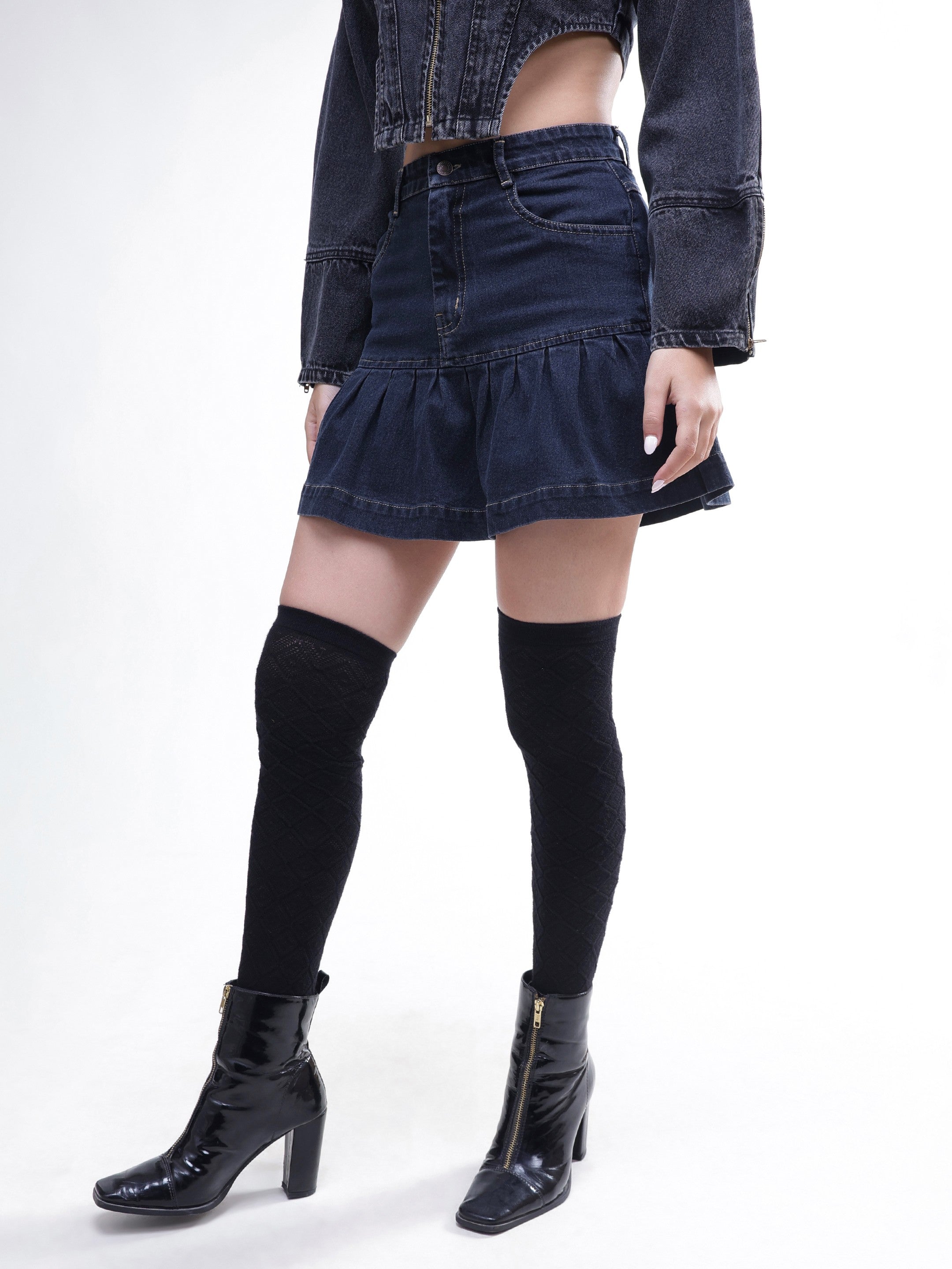 DesiQlo Black Wash Denim Pleated Mini Skirt - Black