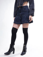 Women Black Wash Denim Pleated Mini Skirt