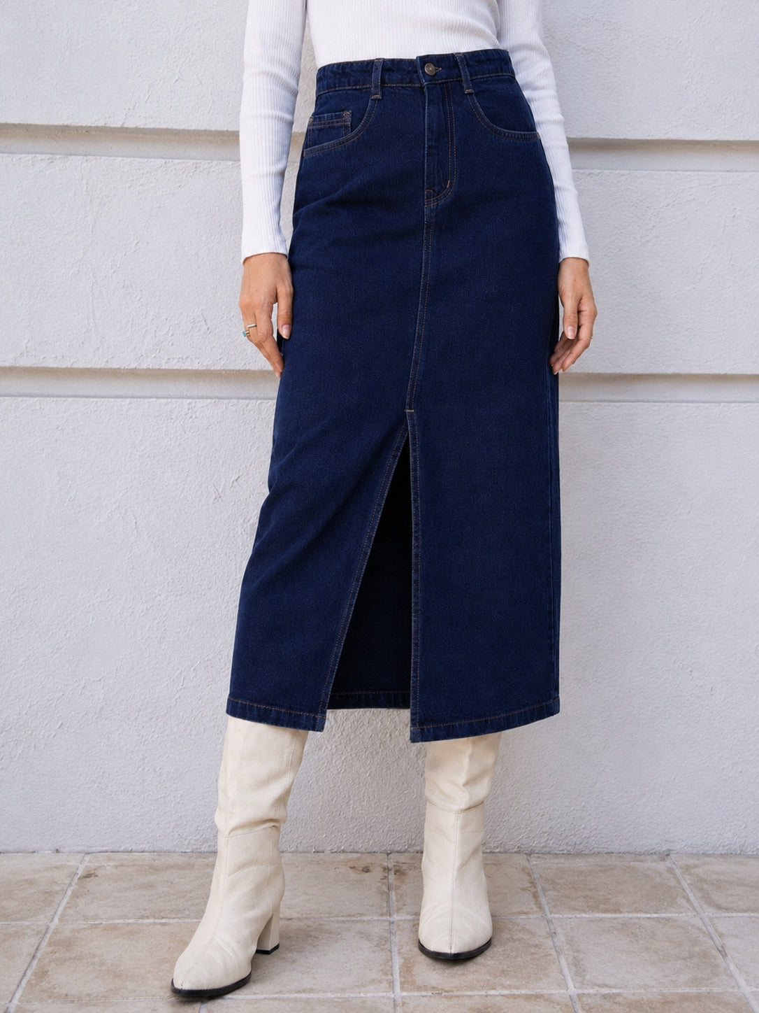 Women Navy Blue Denim Front Slit Midi Skirt