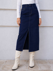Women Navy Blue Denim Front Slit Midi Skirt