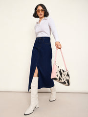 Women Navy Blue Denim Front Slit Midi Skirt
