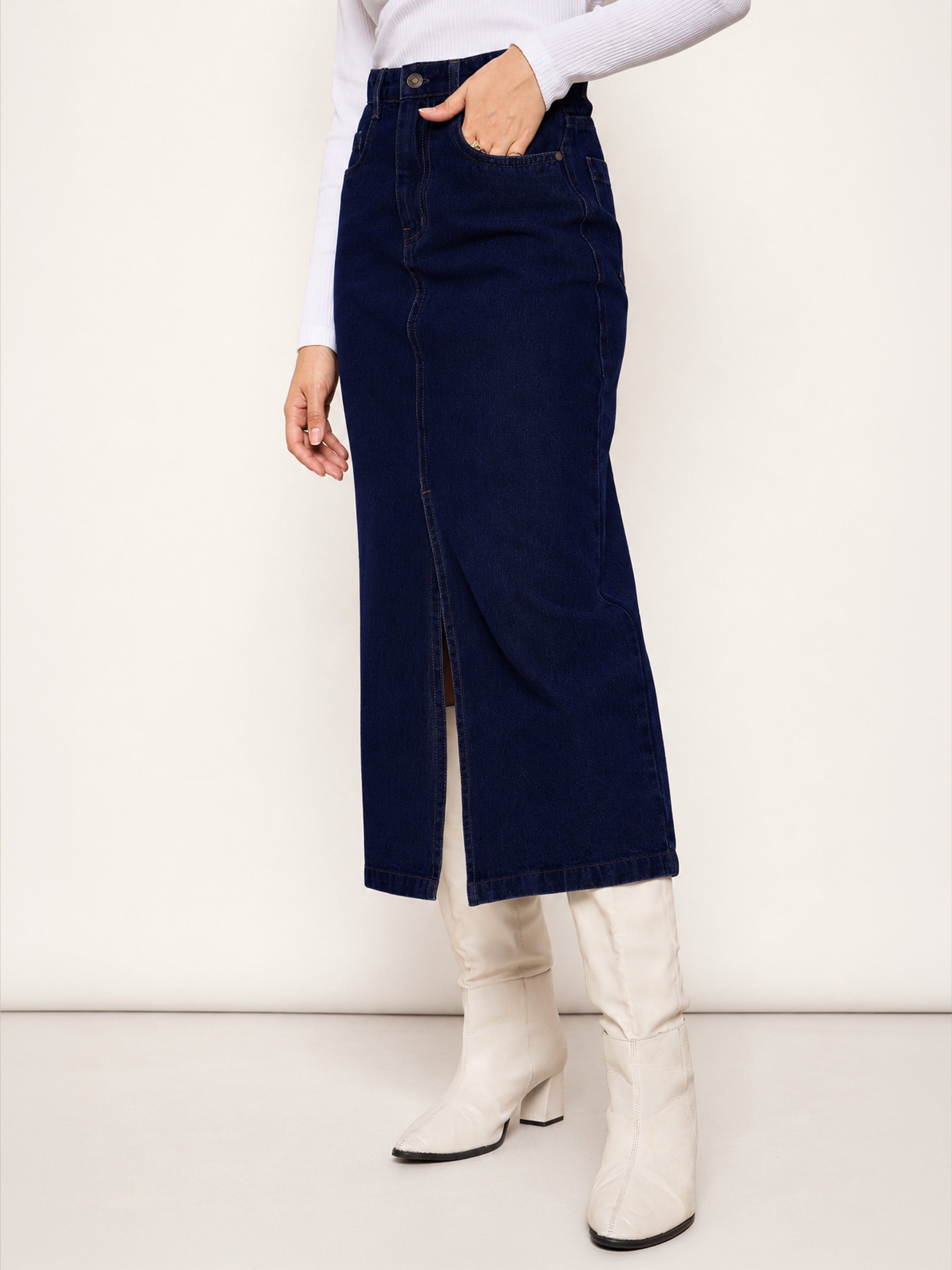 DesiQlo Navy Blue Denim Front Slit Midi Skirt - Navy Blue