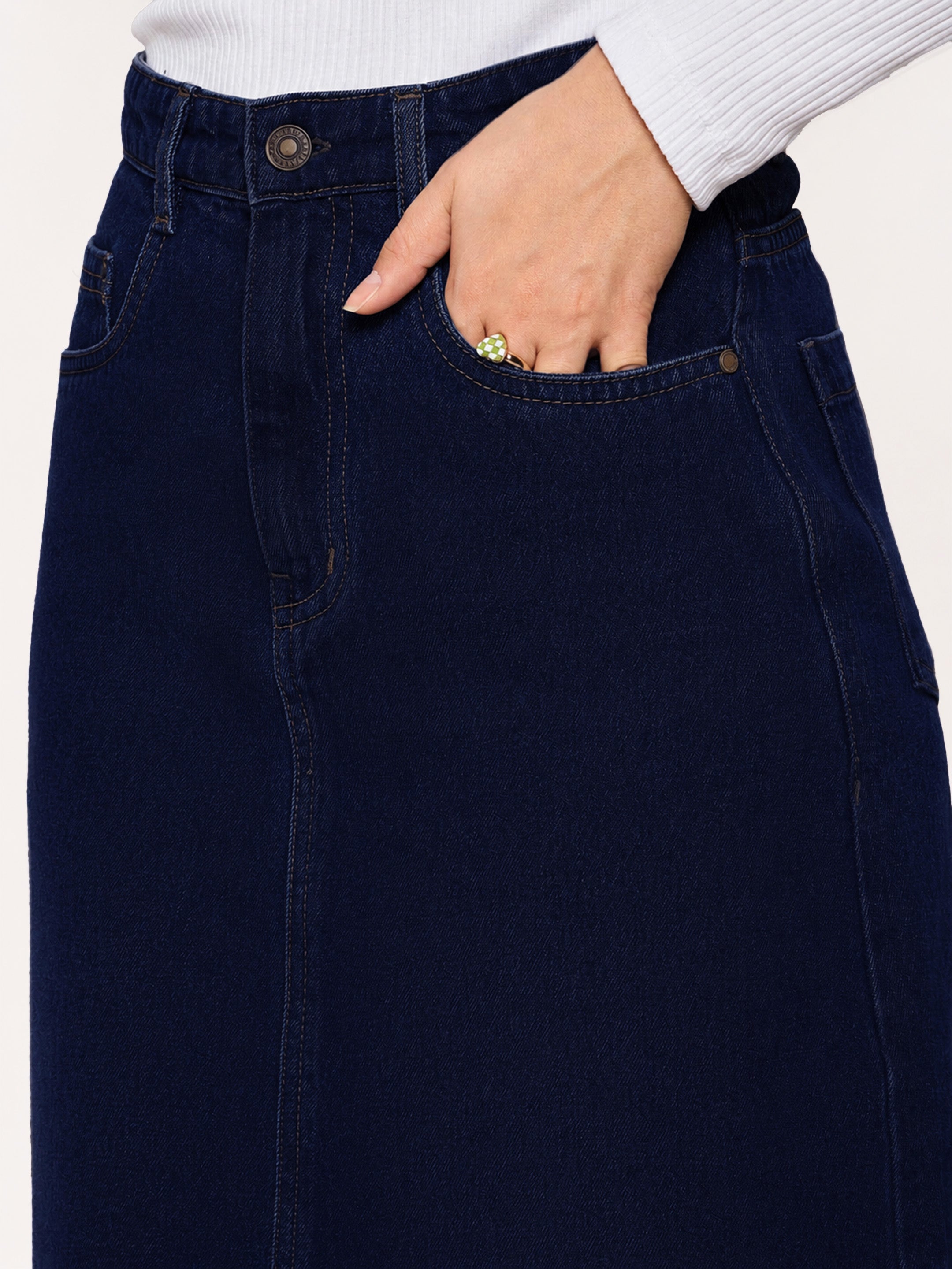 DesiQlo Navy Blue Denim Front Slit Midi Skirt - Navy Blue