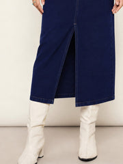 Women Navy Blue Denim Front Slit Midi Skirt