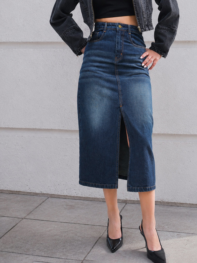 Women Blue Whisker Denim Front Slit Midi Skirt