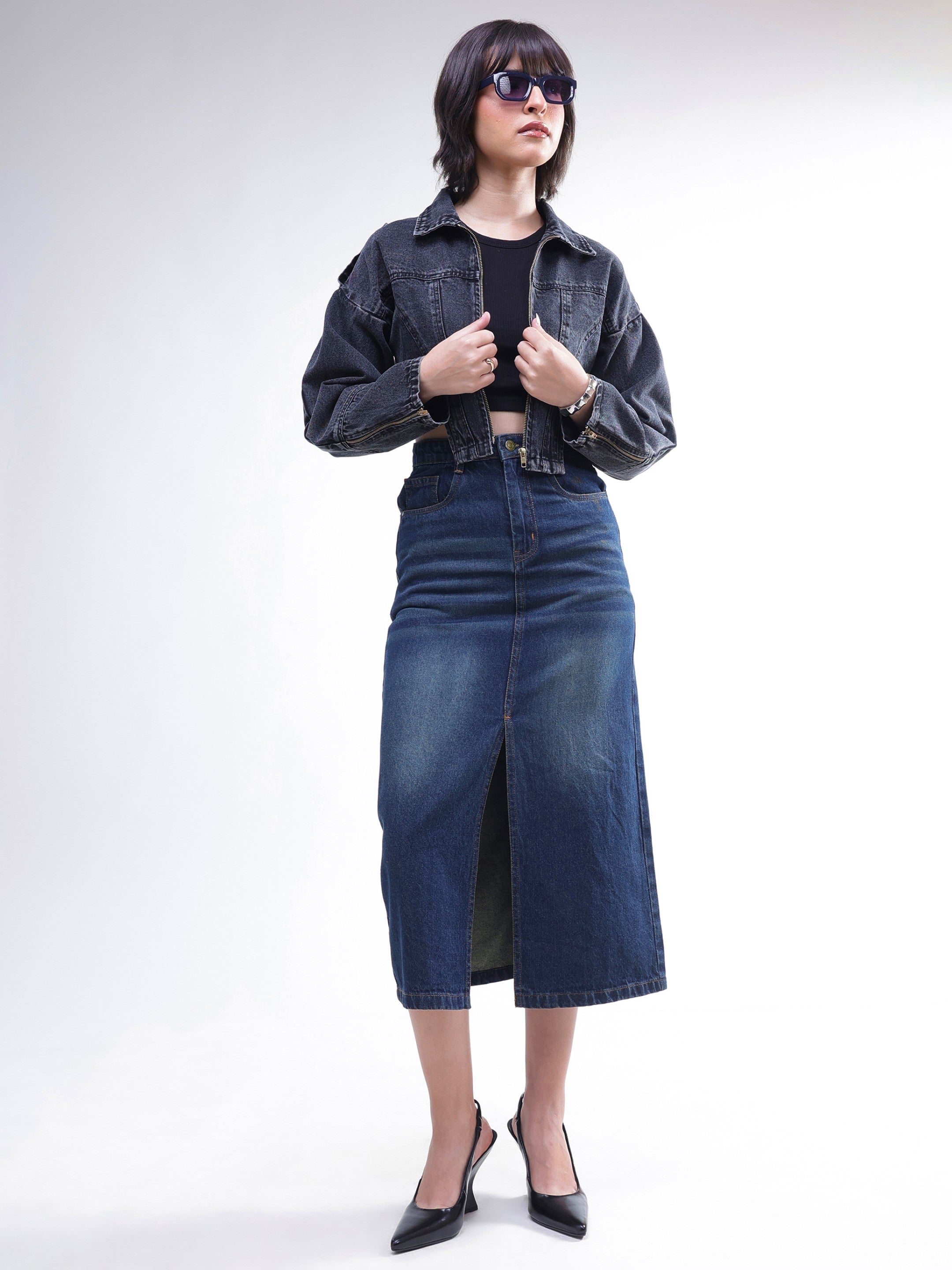DesiQlo Blue Whisker Denim Front Slit Midi Skirt - Blue