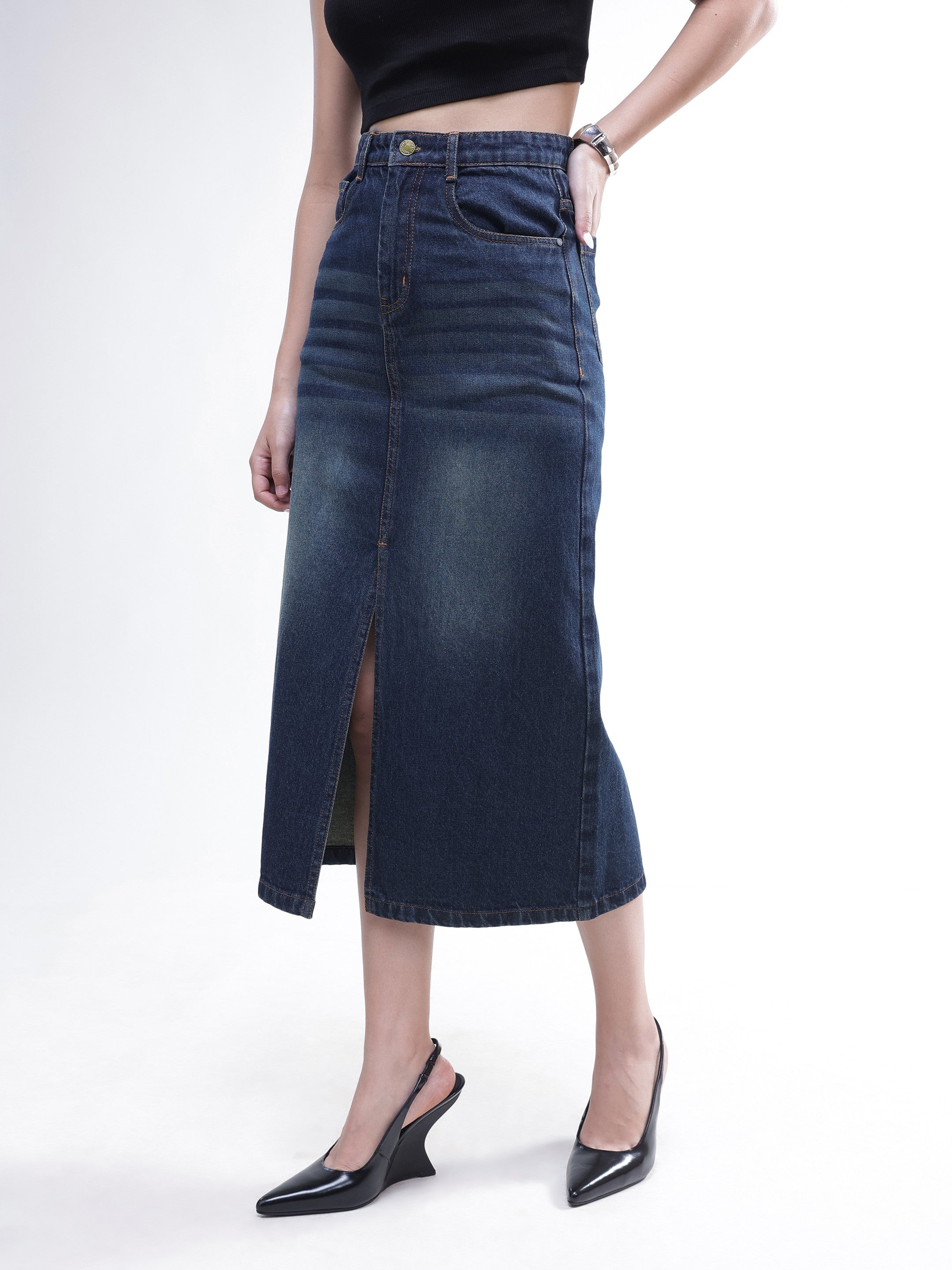 DesiQlo Blue Whisker Denim Front Slit Midi Skirt - Blue