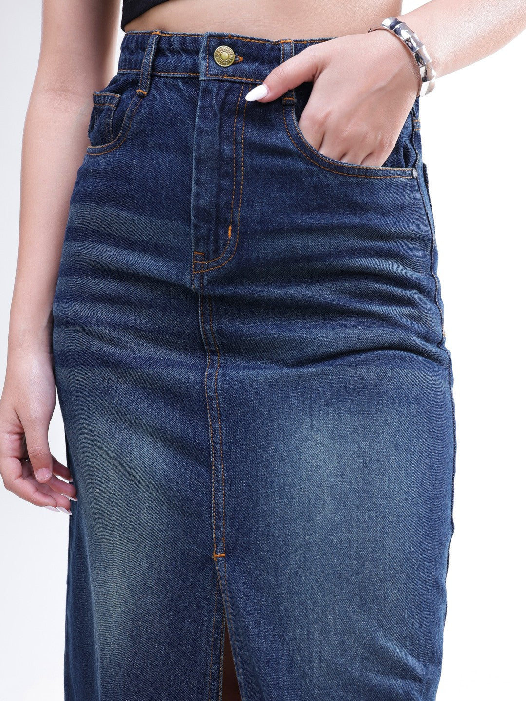 DesiQlo Blue Whisker Denim Front Slit Midi Skirt - Blue