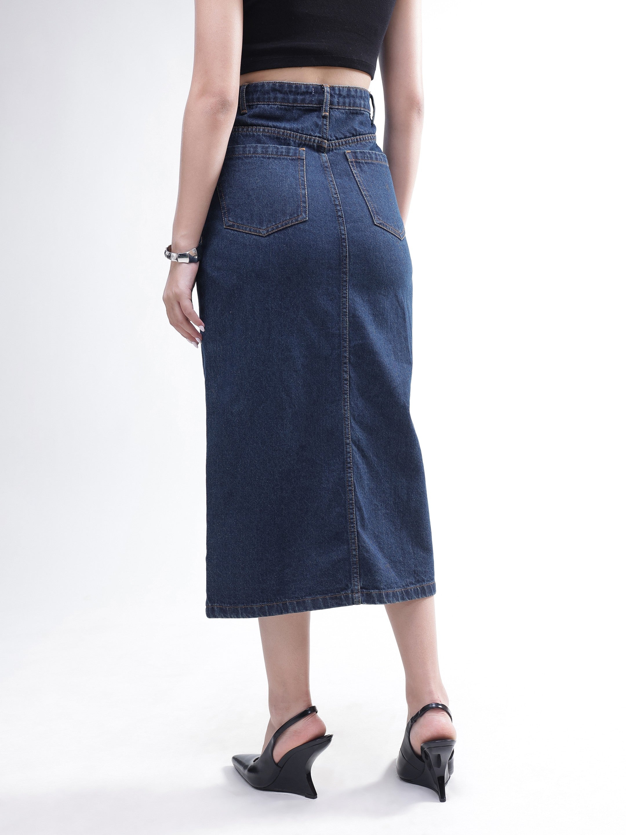 DesiQlo Blue Whisker Denim Front Slit Midi Skirt - Blue