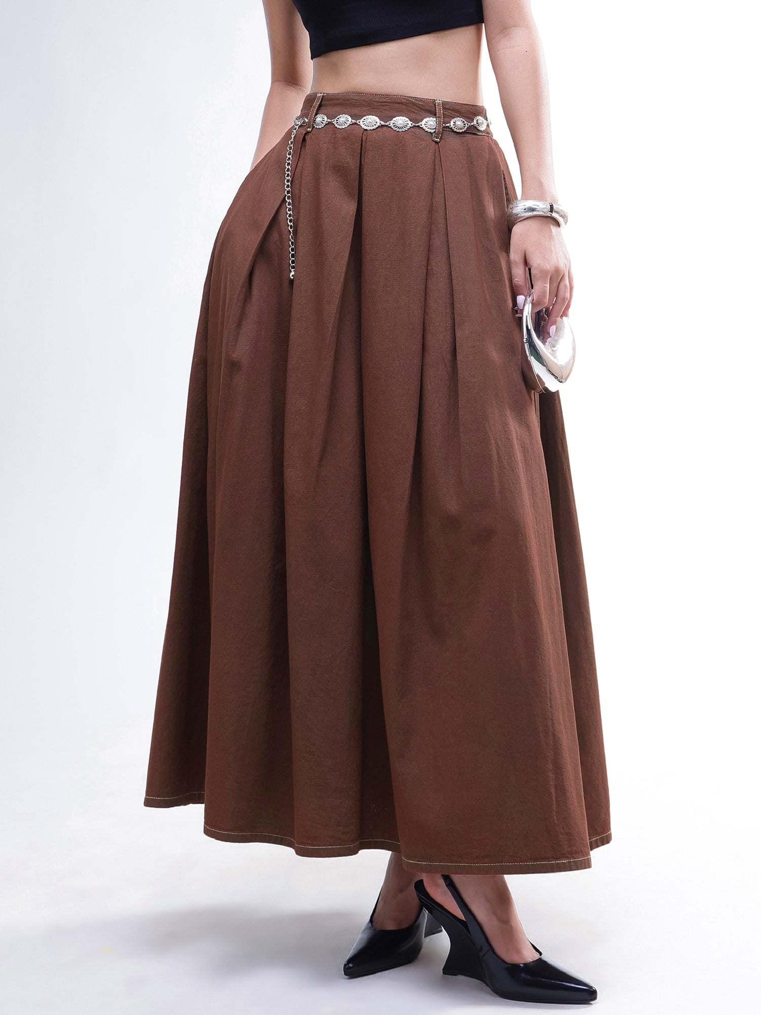 DesiQlo Brown Wash Denim Box Pleated Maxi Skirt - Brown