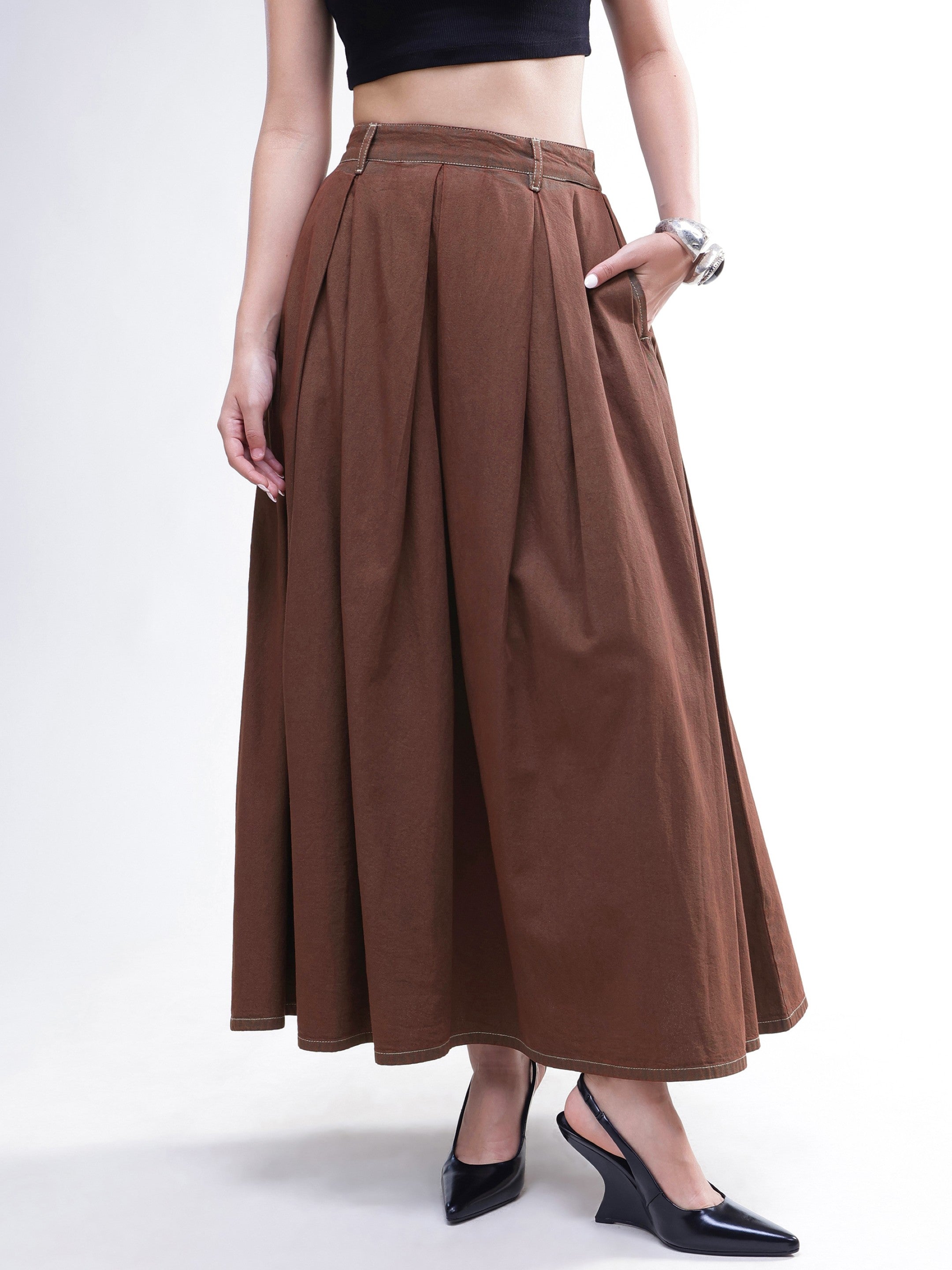 DesiQlo Brown Wash Denim Box Pleated Maxi Skirt - Brown